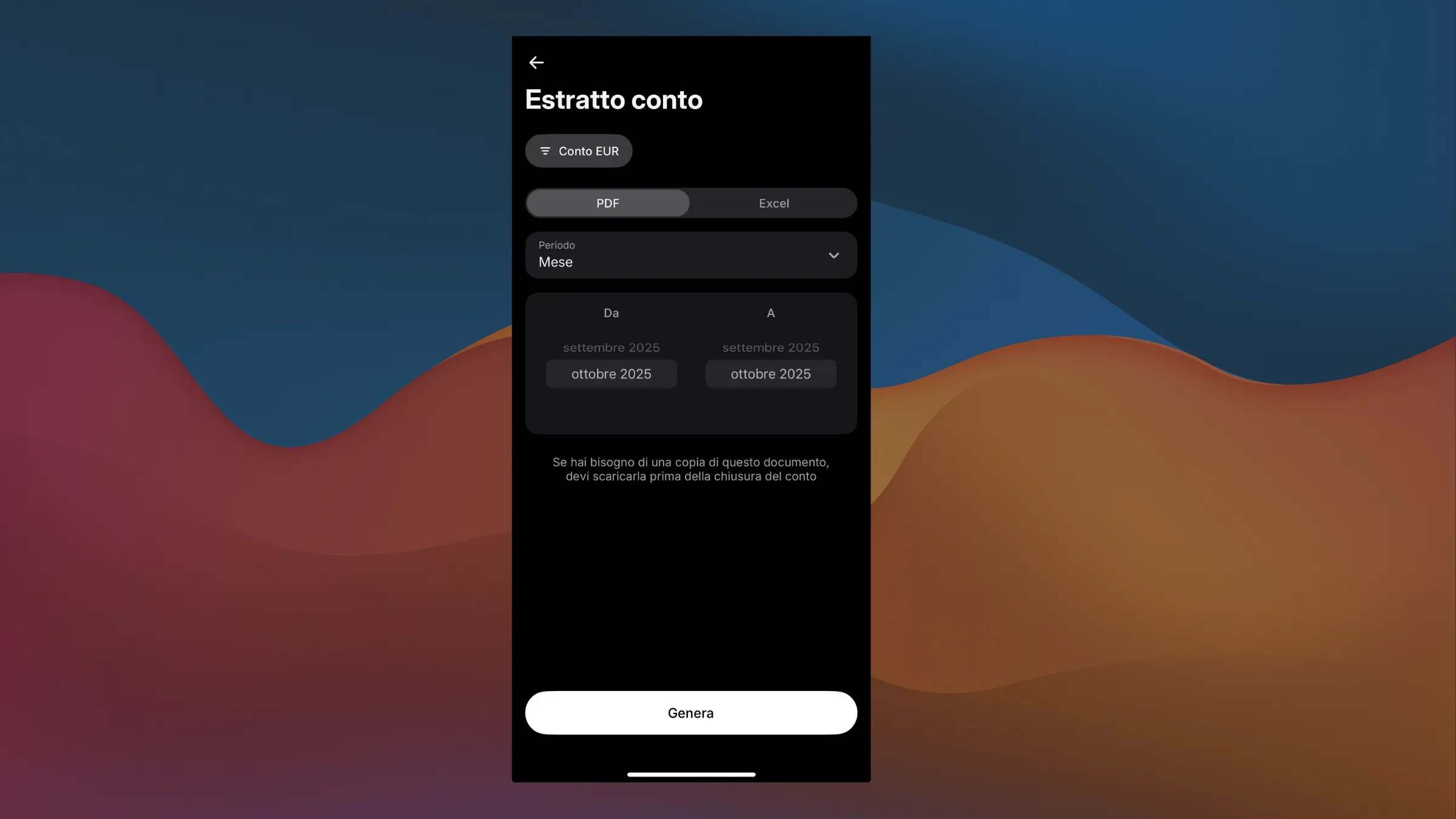 Schermata generazione estratto conto PDF