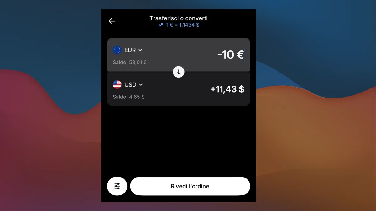 Schermata di cambio valuta da euro a dollari su Revolut
