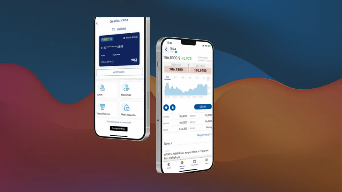 Screenshot interfaccia app mobile Fineco con funzioni principali evidenziate