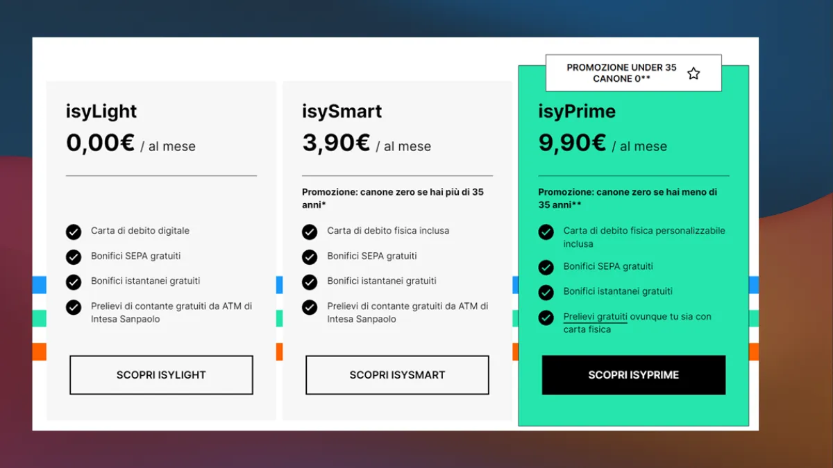 Isybank codice amico confronto piani isyLight isySmart isyPrime 2026